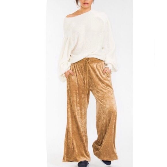 NWT Free People Velour Wide Leg Pant in Gold - Picture 5 of 9